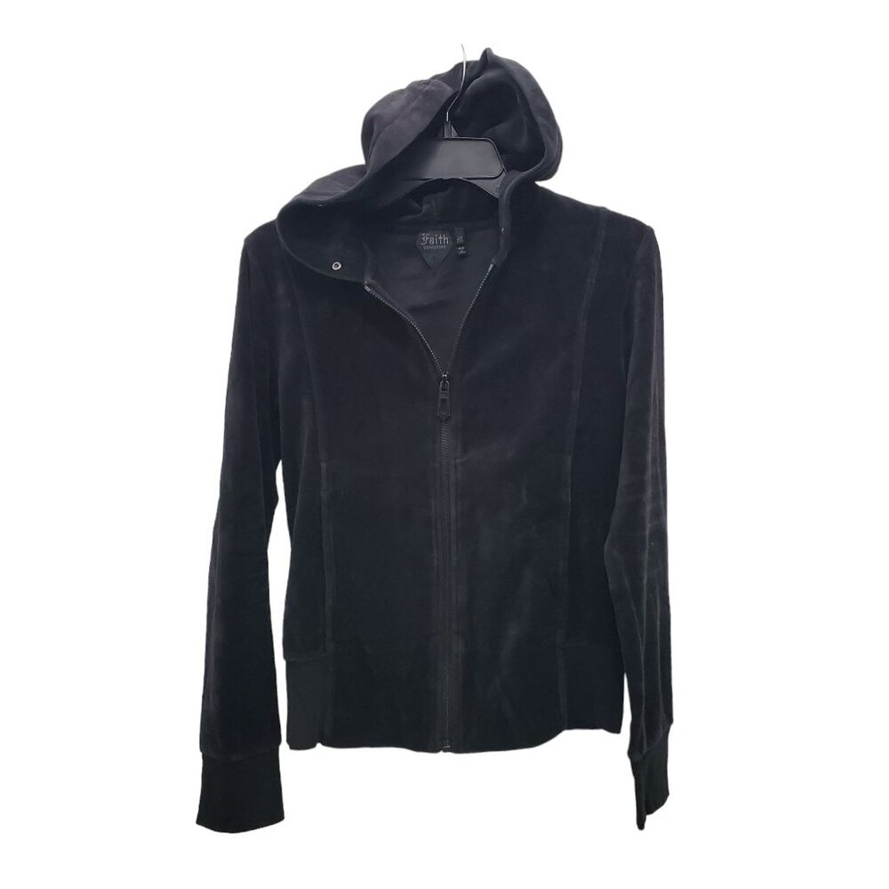 Faith Connexion Women's Black Velvet Embellished‎ Wing LS Zip Front Hoodie Sz M